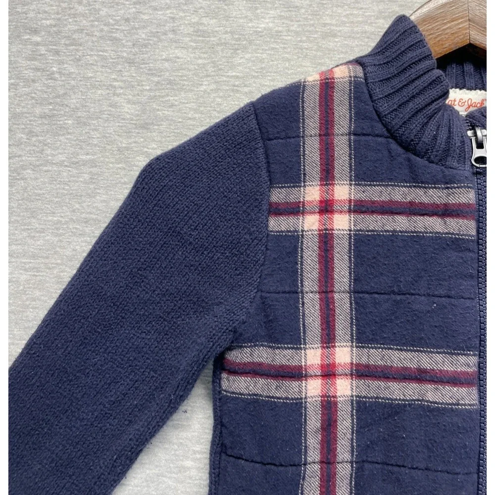 Cat & Jack Sweater Jacket Boys 4T Navy Blue Plaid Preppy Mock Neck Full Zip